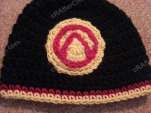Borderlands Video Game Vault Symbol Large Applique Crochet Pattern on finished project hat