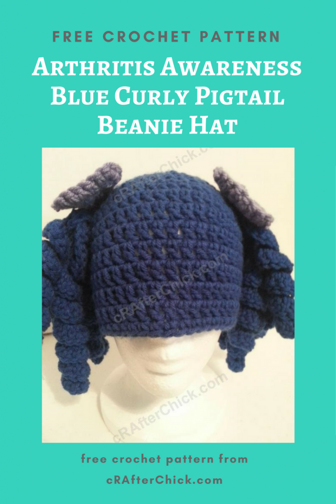 Arthritis Awareness Blue Curly Pigtail Beanie Hat Crochet Pattern